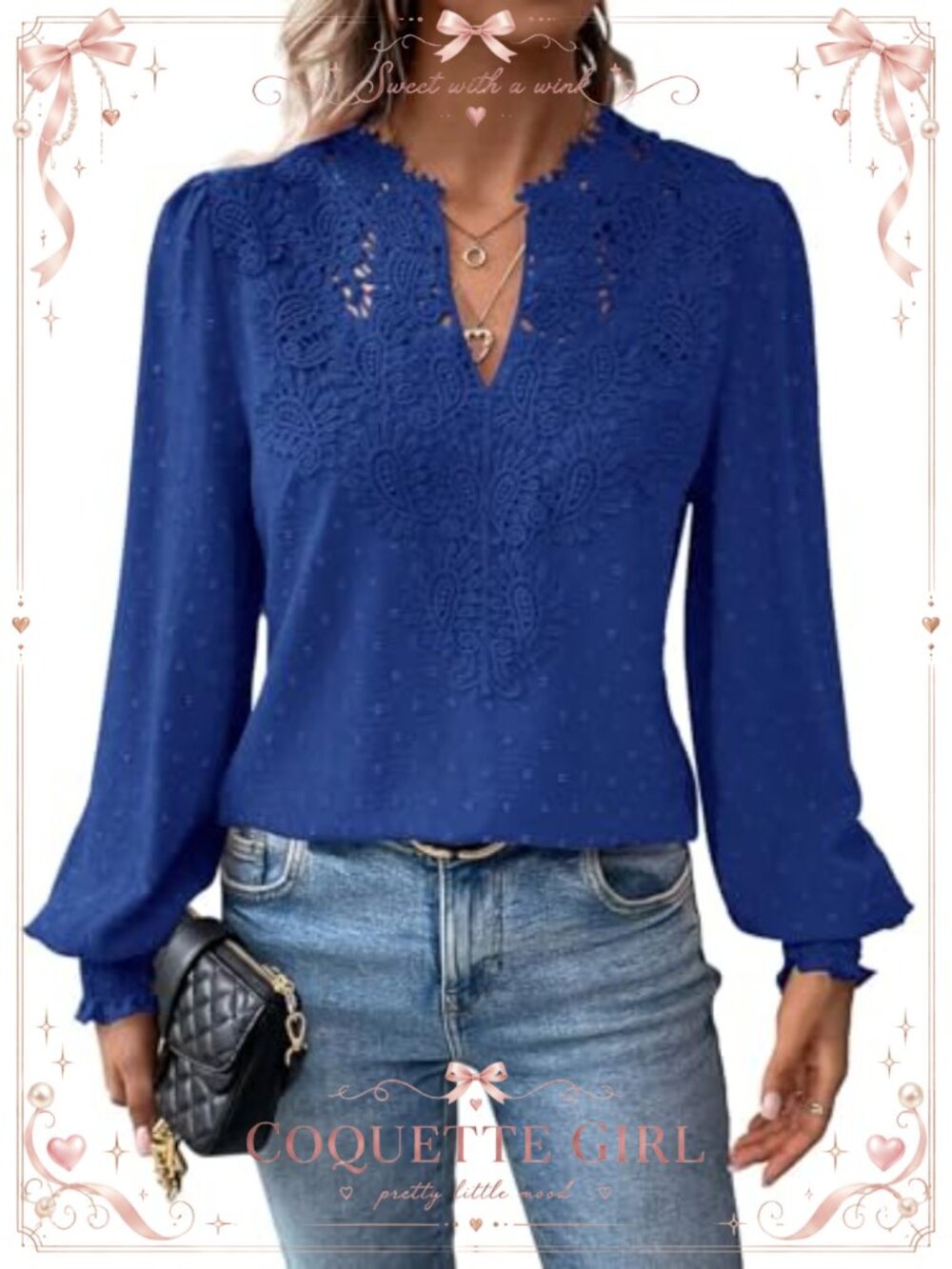 Women's Boho Lace Floral V-Neck Ruffle Long Sleeve Blouse Top